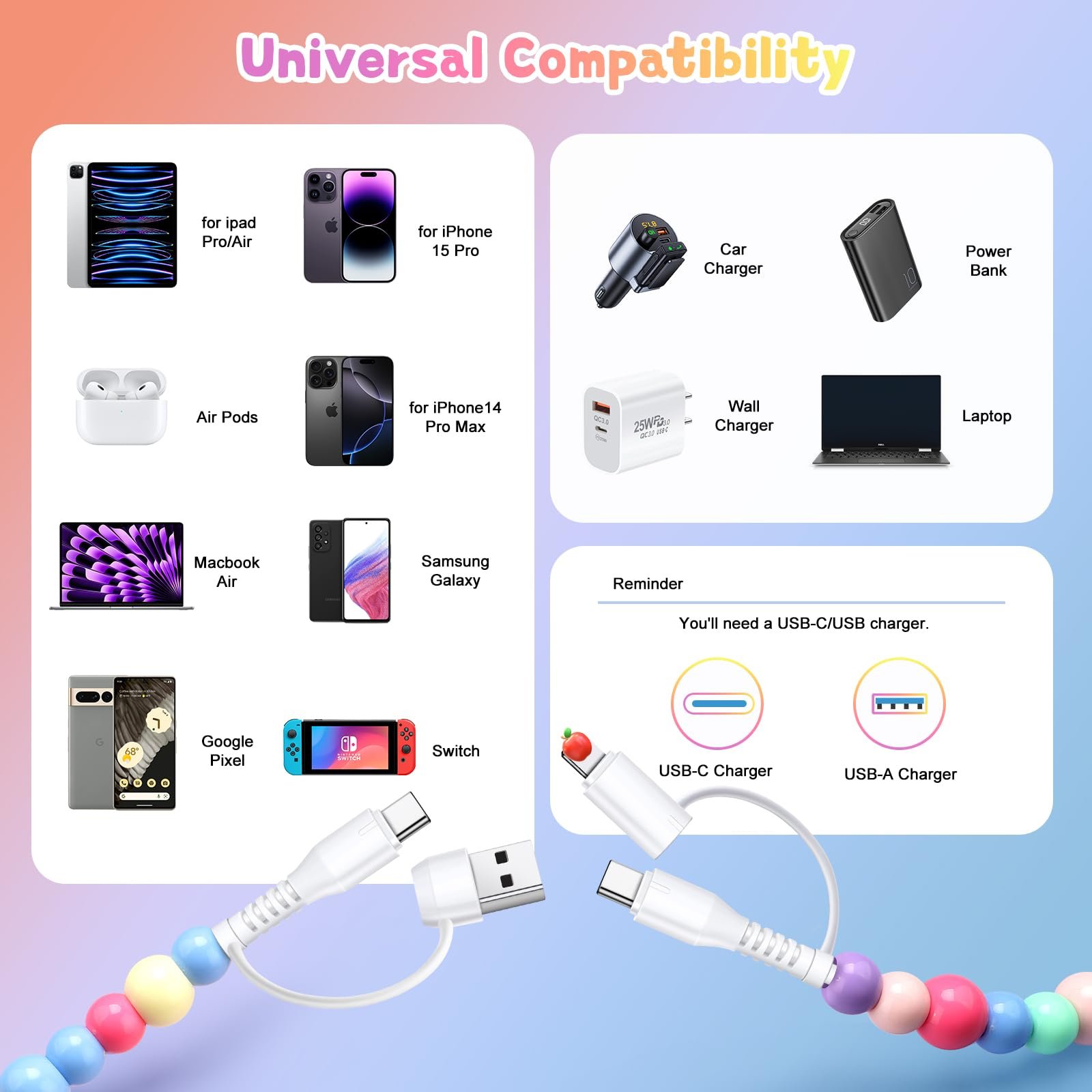 🎁TikTok Last Day Sale - 70% OFF✨4-in-1 Beaded Charging Cord&fast charging cable 66W