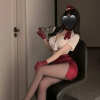 Vintage Air Hostess Costume Set - Red Notch Lapel Blouse & Pencil Skirt with Gloves PPF351
