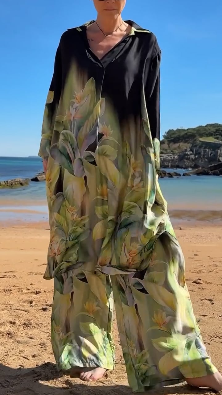Women's Collar Printed Long Top+pants Loose Casual Suit