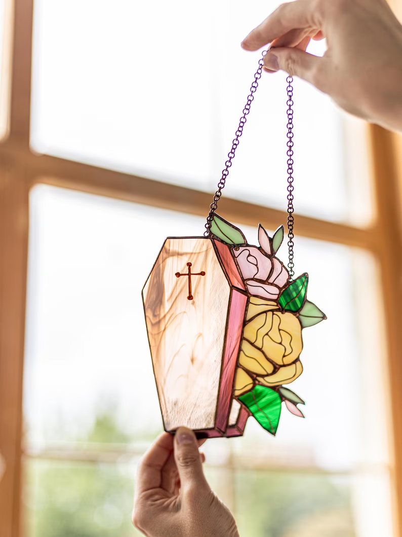 (🎄Early Christmas Sale - 49% OFF) ✝Сoffin Flowers Suncatcher Stained Gothic Decor, BUY 2 FREE SHIPPING