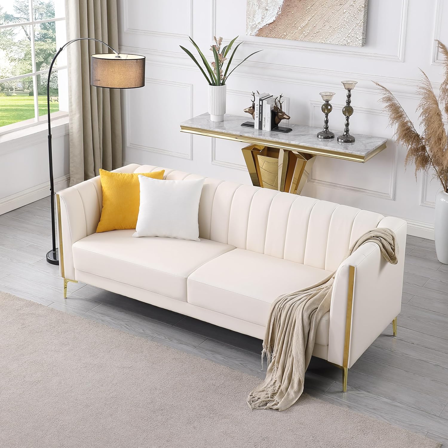 FOTOSOK 78'' Sofa, Modern White Couches for Living Room, Comfy, Faux Leather Sofa 3 Seater Sofa with 2 Throw Pillows and Gold Metal Legs, Deep Seat Sofas (Cream White)