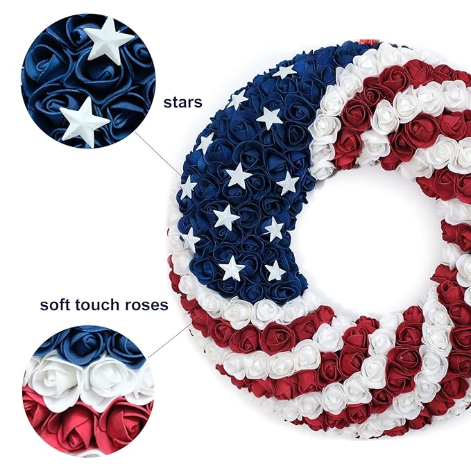 🔥Handmade Red White and Blue Roses Patriot Wreath