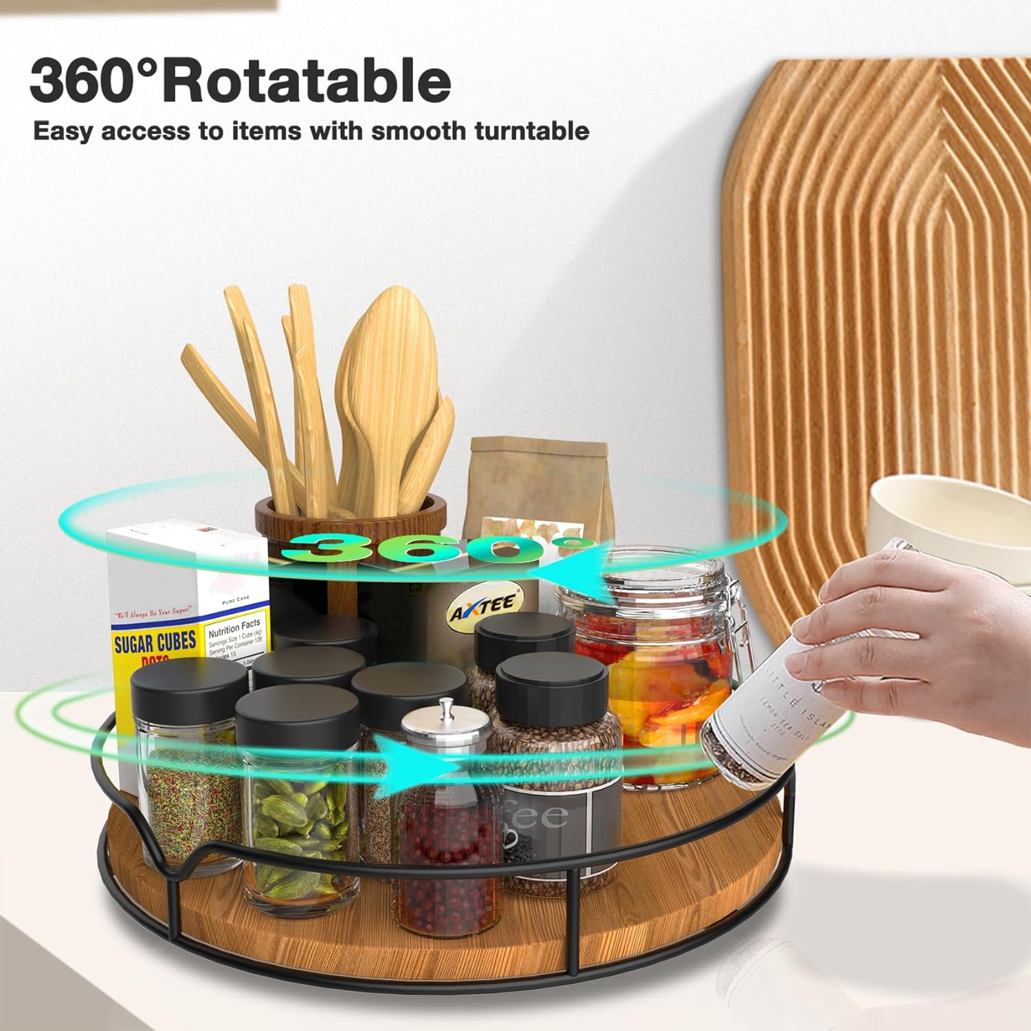 Lazy Susan Turntable Organizer for Cabinet Pantry Kitchen Countertop Refrigerator Cupboard, Pine Wood, 9