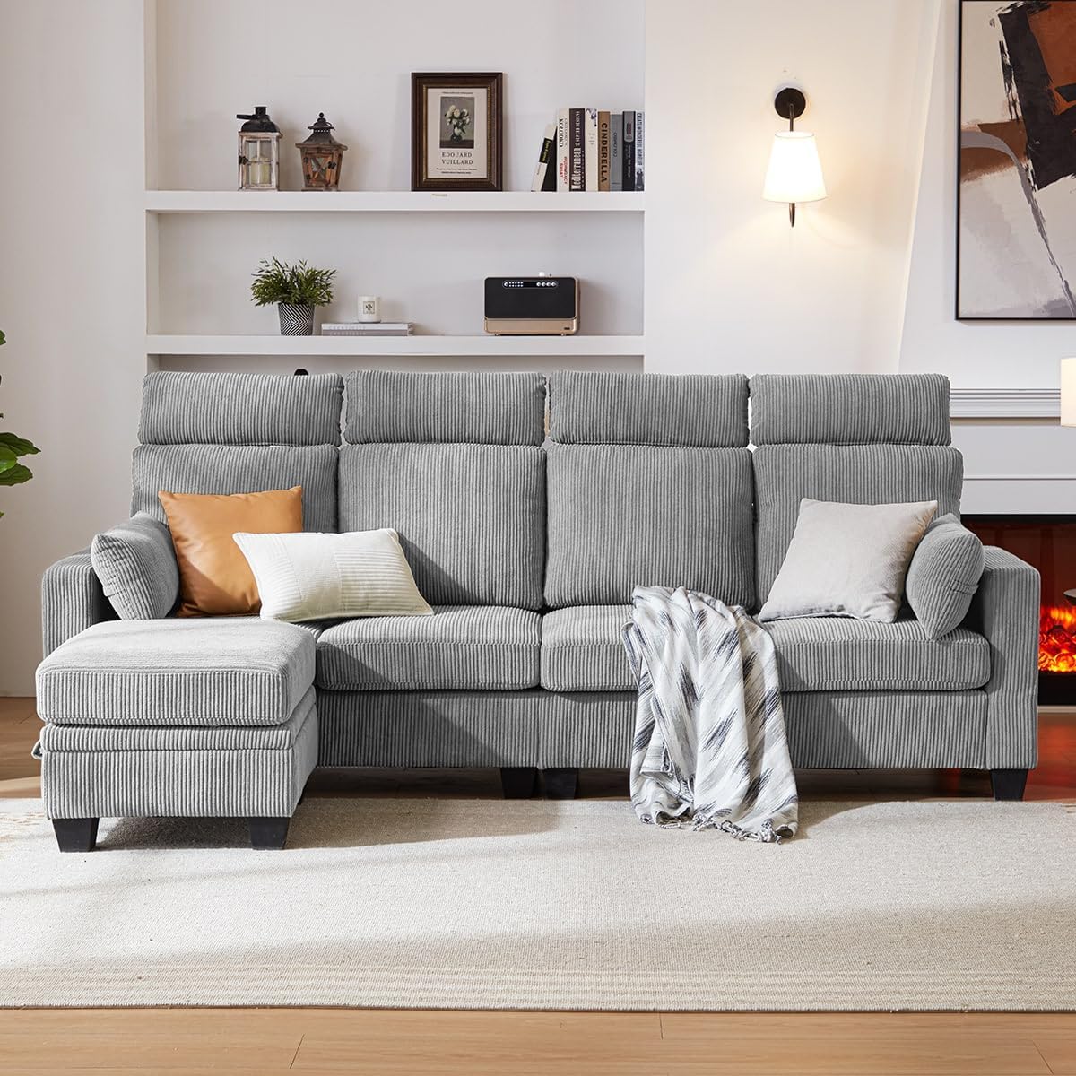 Corduroy Sectional Couch with Ottoman Chaise, L Shaped 4-seat Sofa for Living Room, Apartment, Lounge, Modern Armrest Neck Support Furniture