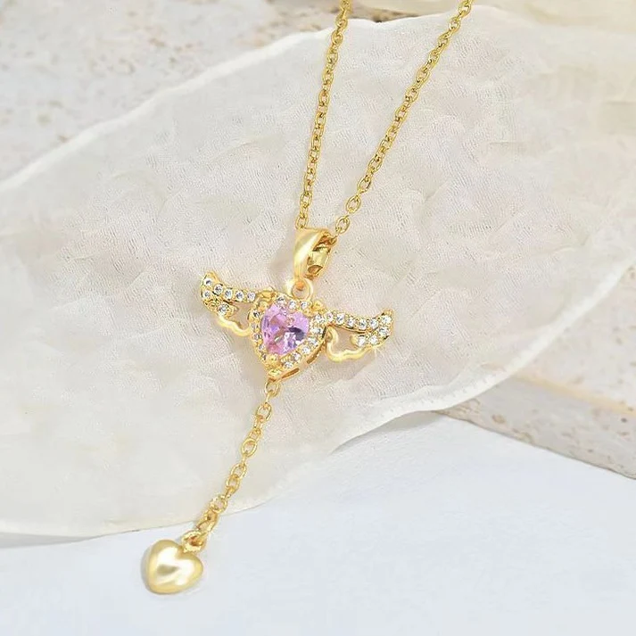 🧚‍♀️Handmade Cupid Heart Angel Wings Tassel Necklace With Crystal - 🎁Women's Gift