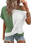 Dokotoo T Shirts for Women Twist Knot Color Block Loose Fit Cold Shoulder Tops for Women Fashion 2024