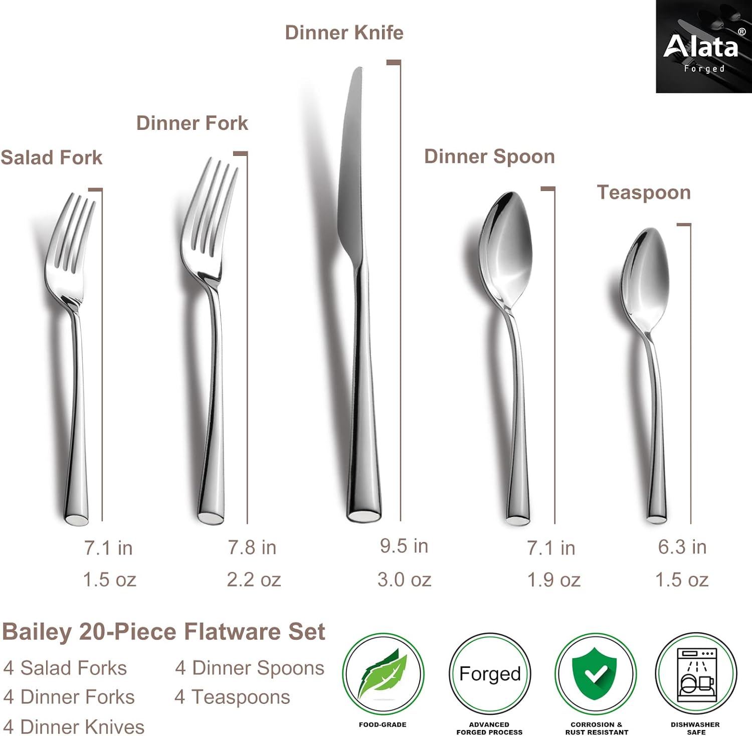 Alata Potter 20-Piece Forged Silverware Set Stainless Steel Flatware Set Cutlery Set,Service for 4,Mirror Finish,Dishwasher Safe