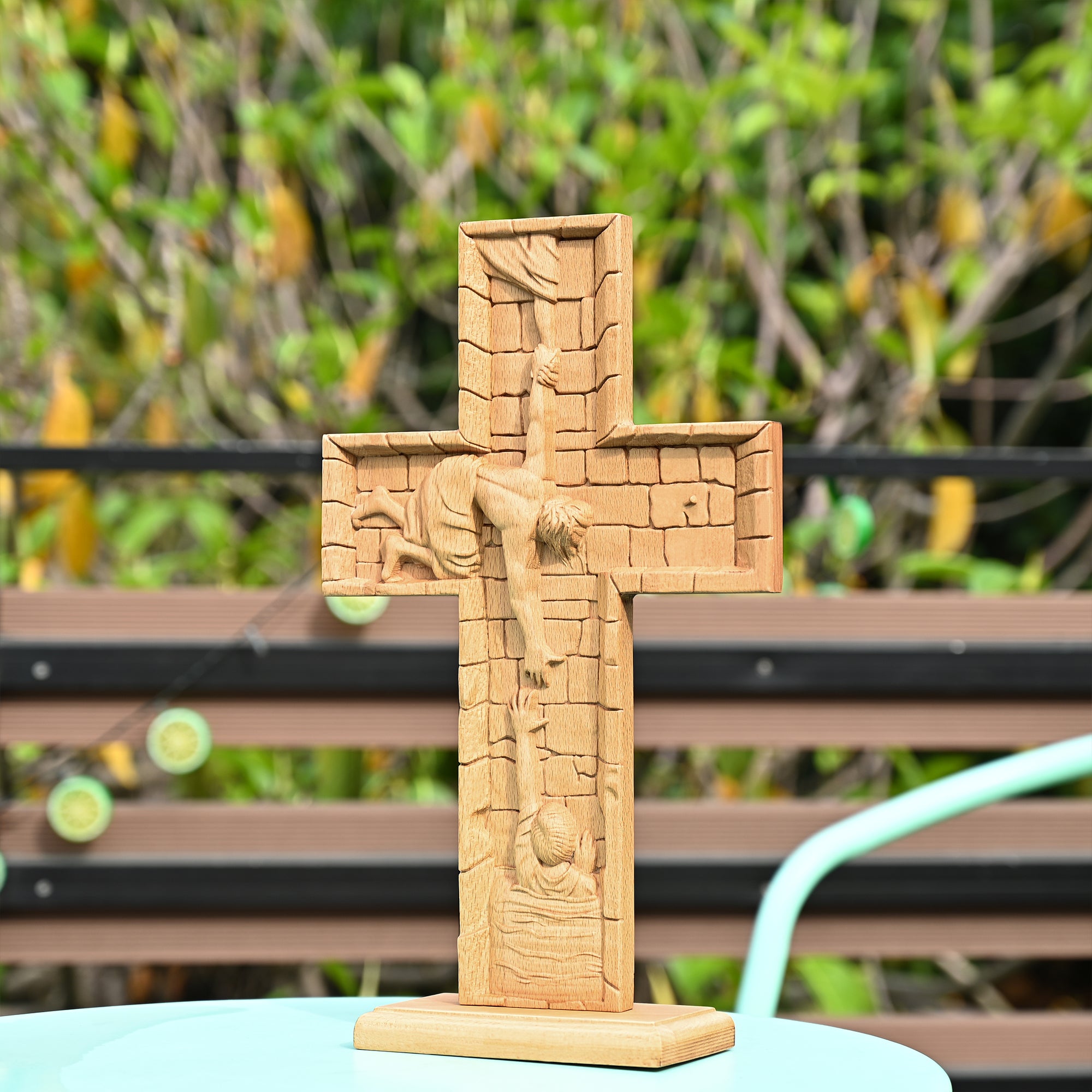 BGCOPPER Savior Jesus Cross - Carved from Natural Wood