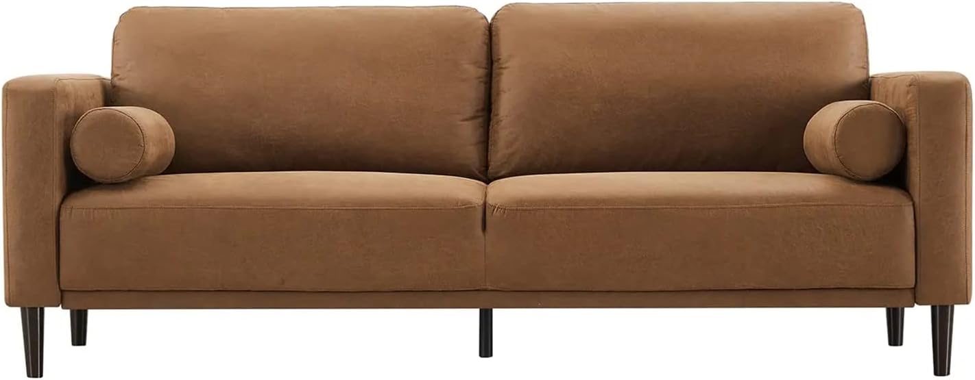 HIFIT Sofa Couches, 79” Mid-Century Modern Couch, Breathable Faux Leather Couch with Upholstered Cushions/Pillows, 3-Seat Sofas & Couches, for Living Room Apartment Office, Brown