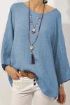 Women's solid color cotton and linen round neck nine-quarter sleeve top