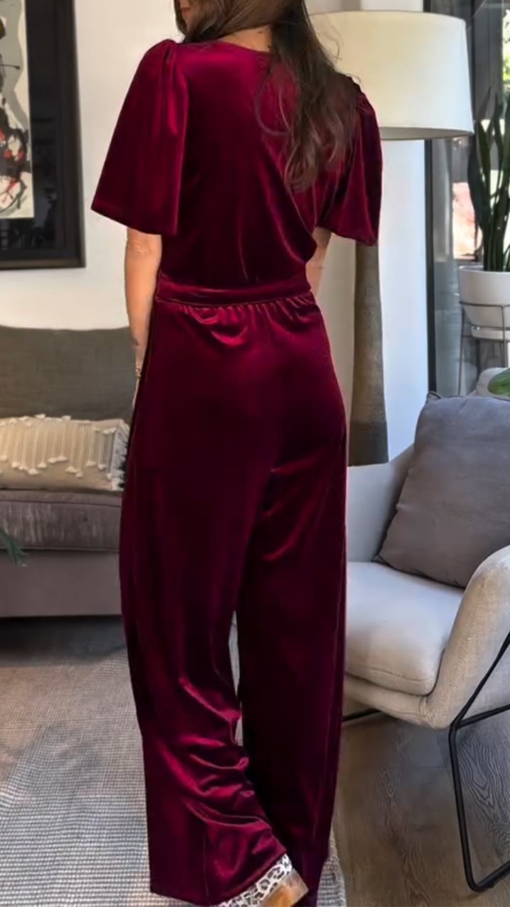 Women's V-neck Lace-up Suede Casual Jumpsuit