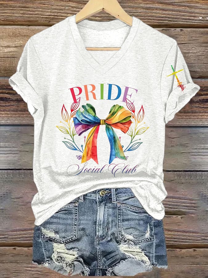 Women's Rainbow Bow Faith Club V-neck Print T-shirt Top