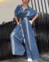 Women's Lapel Half-open Button Denim Print Casual Jumpsuit