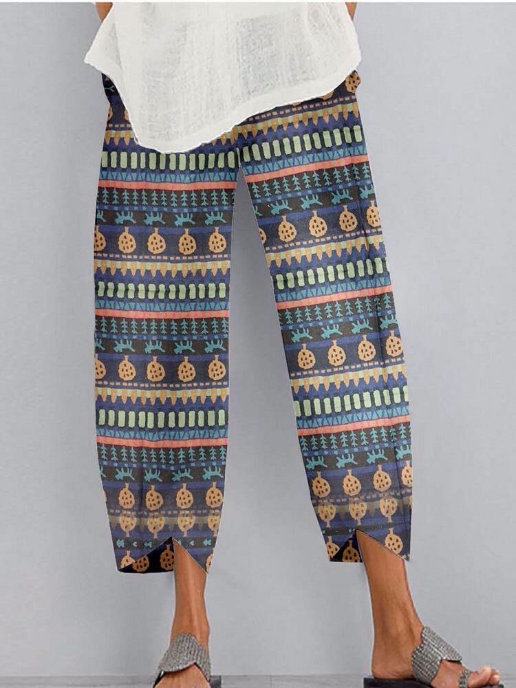 Women Loose Printed Elastic Waist Pocket Pants