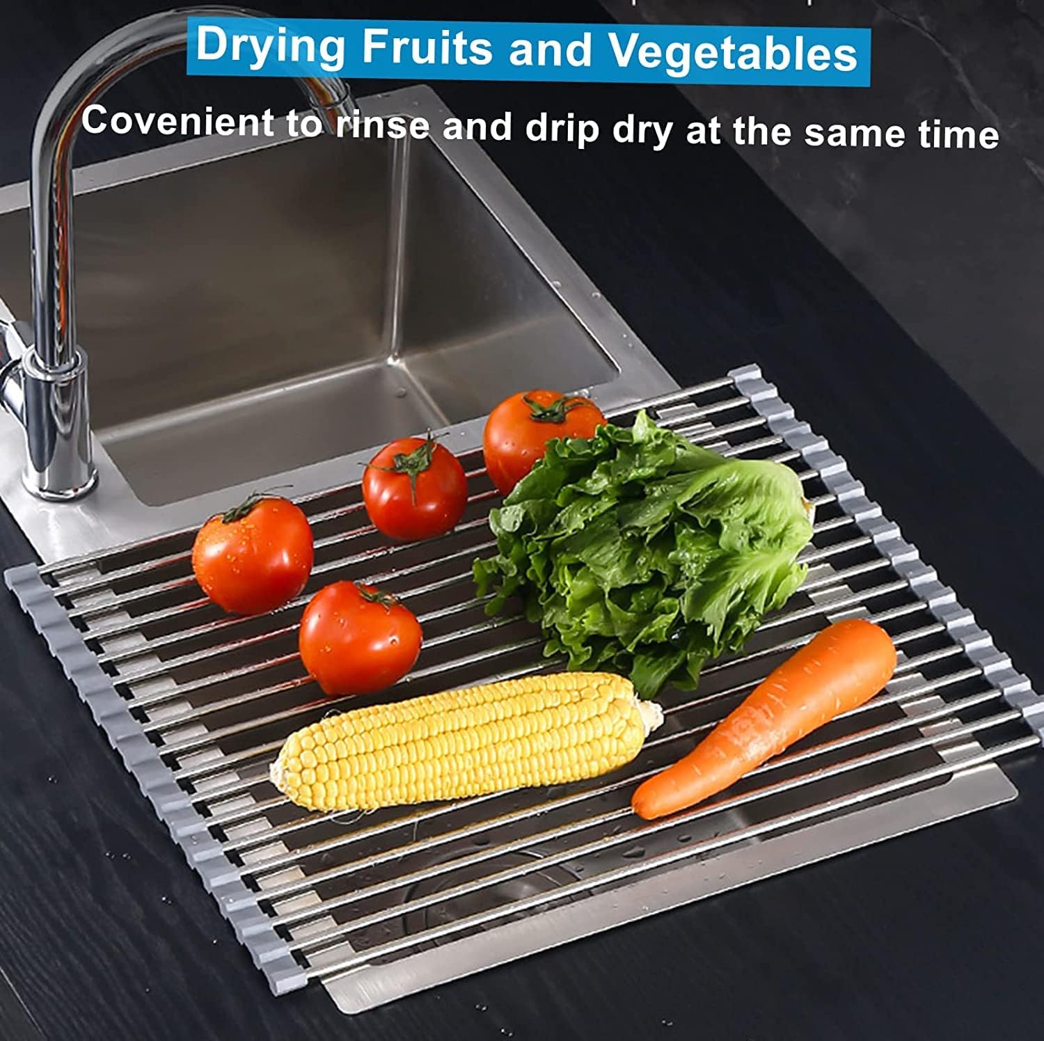 Seropy Roll Up Dish Drying Rack, Over The Sink Dish Drying Rack Kitchen Rolling Dish Drainer, Foldable Sink Rack Mat Stainless Steel Wire Dish Drying Rack for Kitchen Sink Counter Storage 17.5x11.8