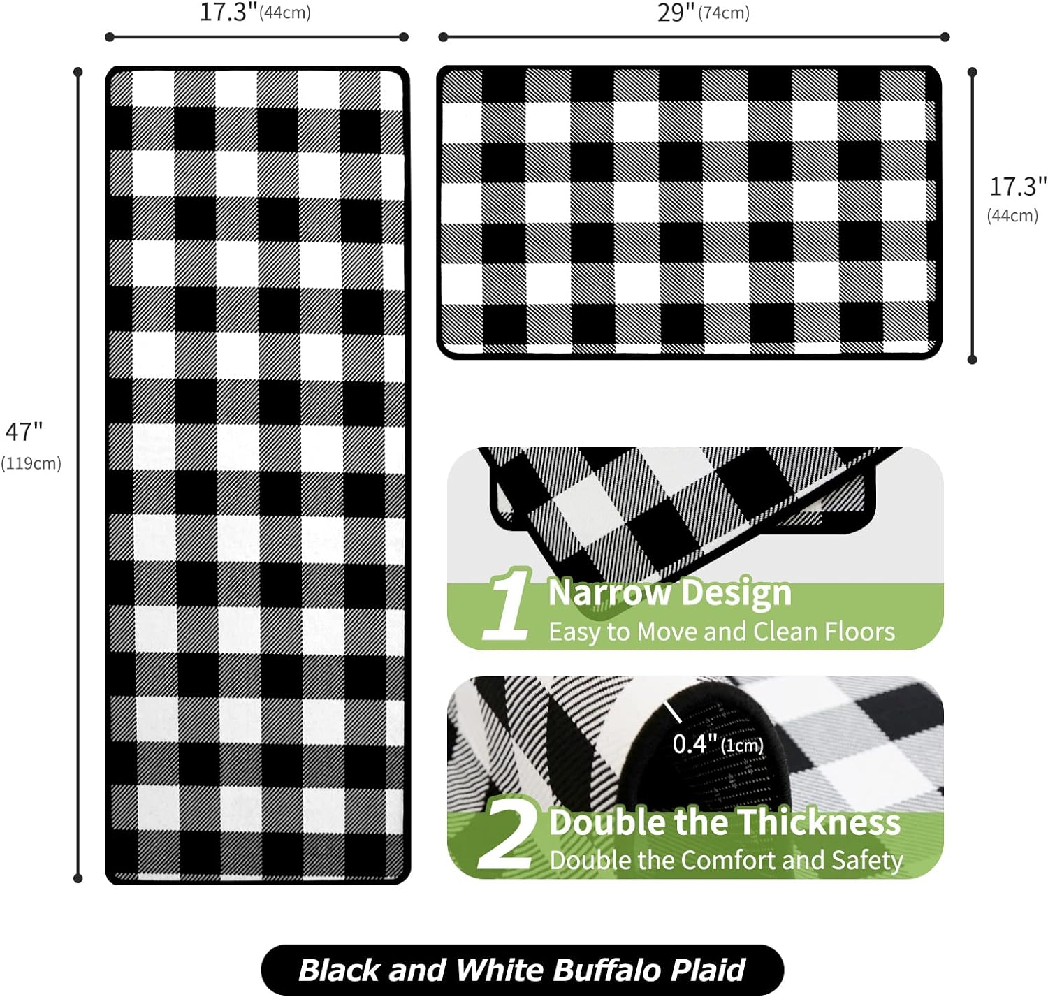 Buffalo Check Plaid Kitchen Rug Set - 2PCS (17x47 & 17x29), Farmhouse Style, Non-Printed Woven Surface, Non-Slip, Machine Washable, Black & White