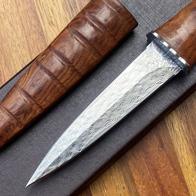 Hand forged Damascus steel knife with wooden sheath