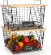 2 Set Stackable Wire Basket with Bamboo Top -Kitchen Counter, Pantry Organization and Storage - Cabinet, Shelf, Countertop Space Saving Organizing - Produce, Fruit, Onion, Potato, Bread Organizer Bin