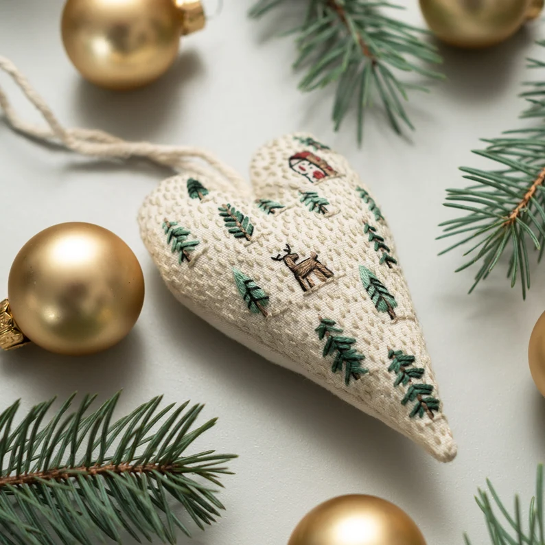 DIY Heart Shaped Hand Embroidered Christmas Ornament Kit