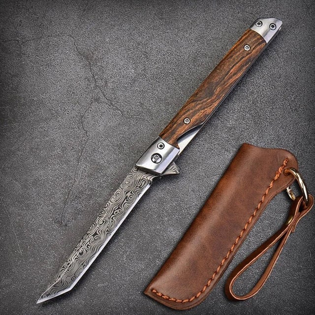 🌲 Outdoor Folding Knife with Wooden Handle & Leather Sheath