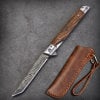 🌲 Outdoor Folding Knife with Wooden Handle & Leather Sheath