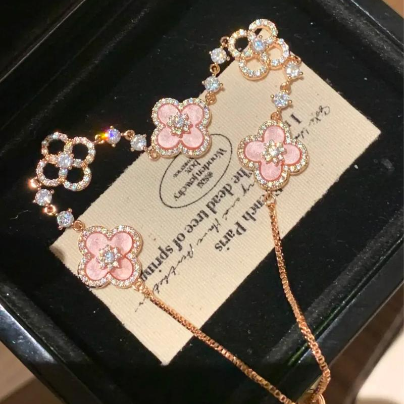 Lucky Clover Adjustable Bracelet - Sparkling Crystal & Zircon Floral Links