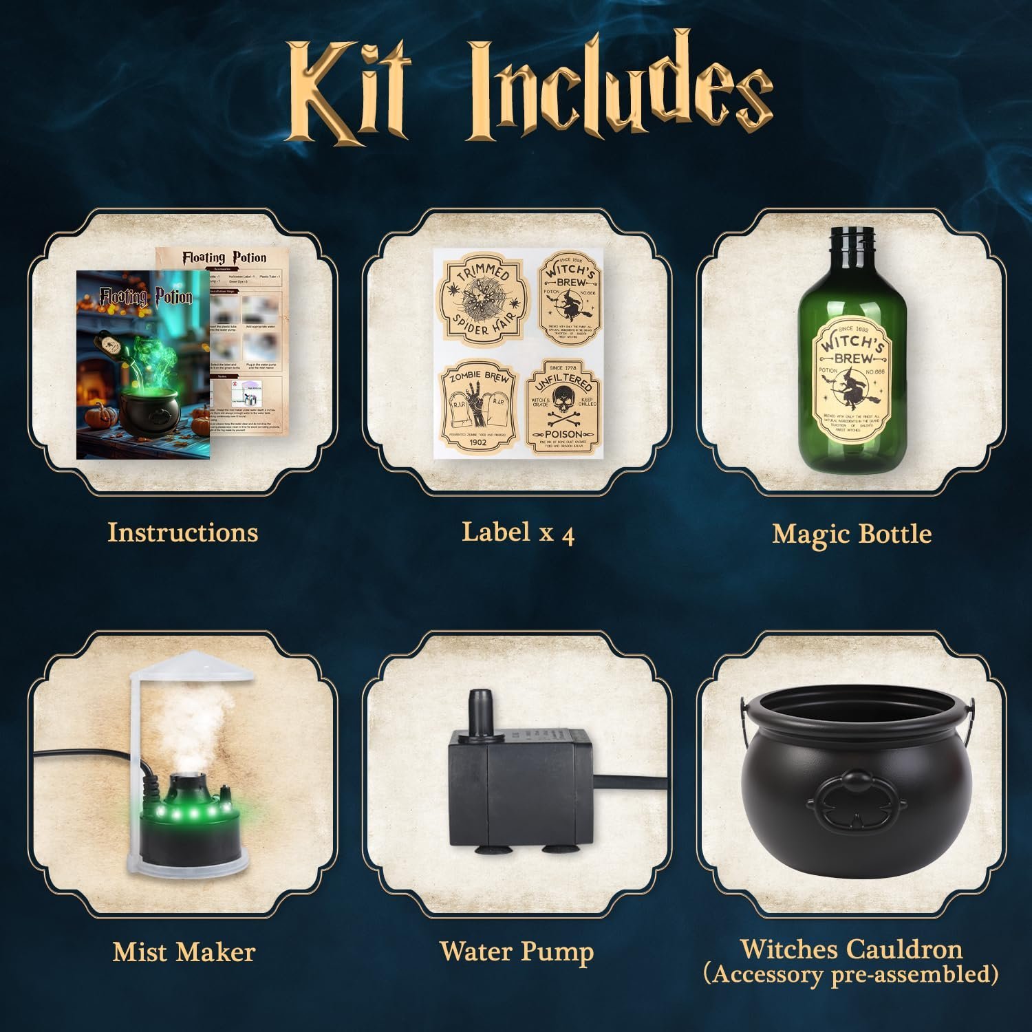 Halloween Witches Cauldron with Magical Floating Potion Bottles and Fog Maker Diffuser