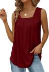 Saloogoe Summer Tank Tops for Women Loose Fit Pleated Square Neck Sleeveless Tops Curved Hem Flowy