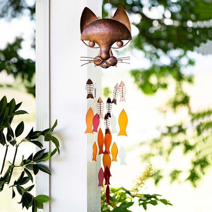 🐱Handcrafted Metal Cat and Recycled Glass Fish Wind Chime🎏(Buy 2 Free Shipping)