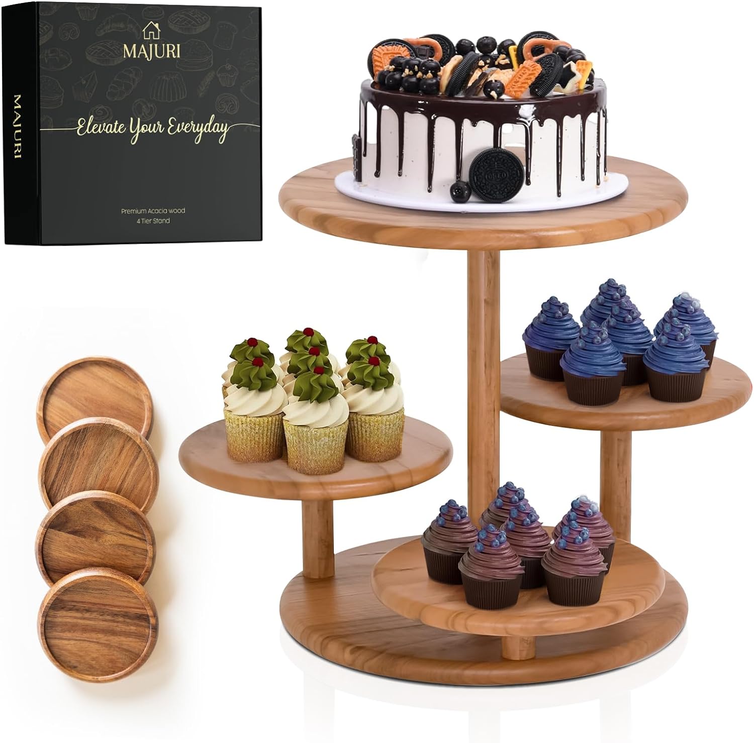 4 Tier Cupcake Stand, Cupcake Tower Stand 50 Cupcakes, Coasters Set of 4 Free, Wooden Dessert Display for Party, Wedding, Birthday, Perfect for Cupcake Stand Wood and Tiered Cake Stand Enthusiasts