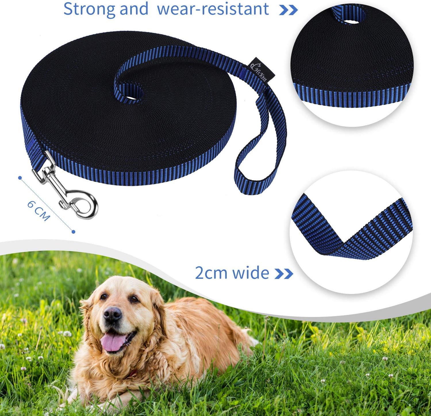 Hi Kiss Dog/Puppy Obedience Recall Training Agility Lead - 15ft 20ft 30ft 50ft 100ft Training Leash - Great for Play, Camping, or Backyard - Black 30ft