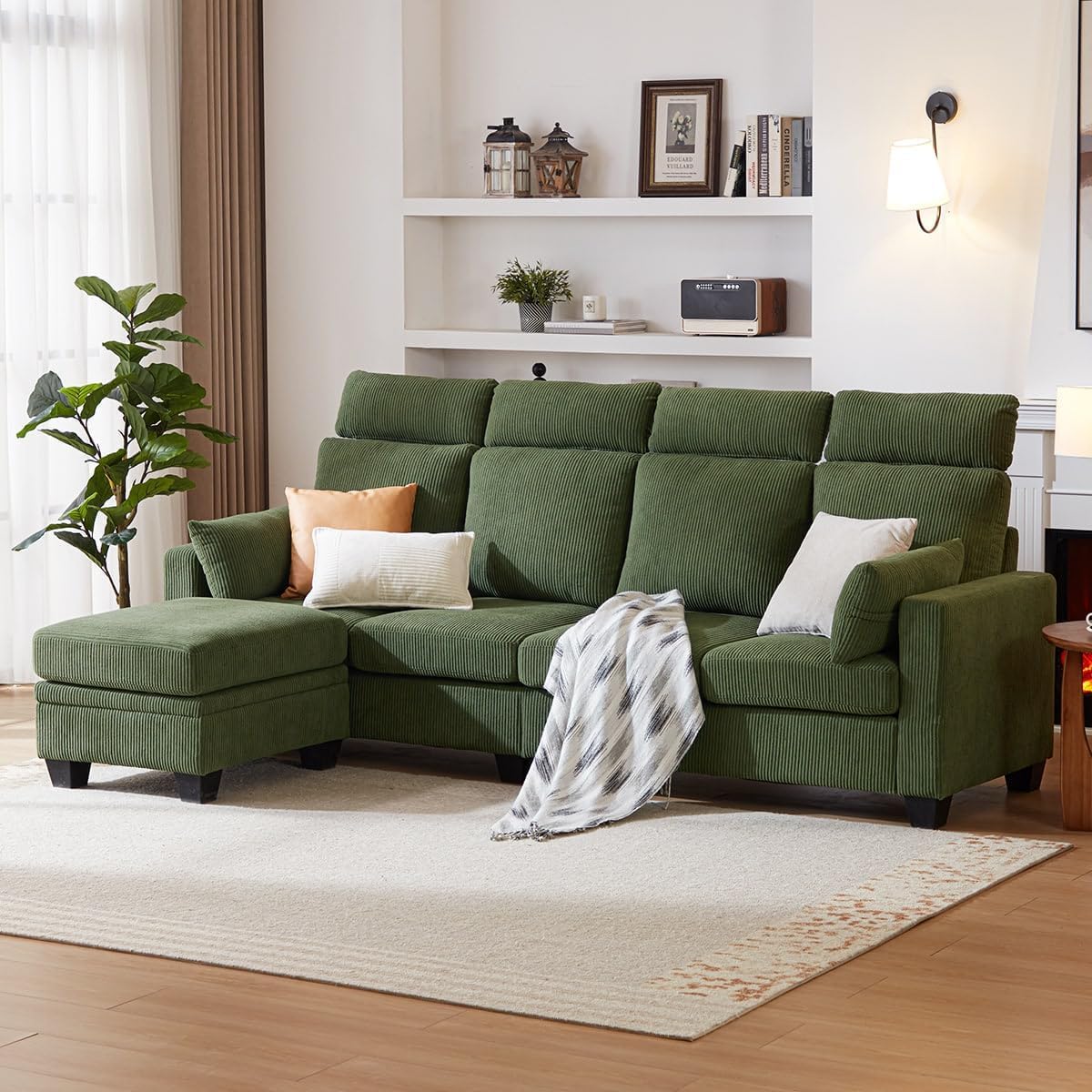 Corduroy Sectional Couch with Ottoman Chaise, L Shaped 4-seat Sofa for Living Room, Apartment, Lounge, Modern Armrest Neck Support Furniture