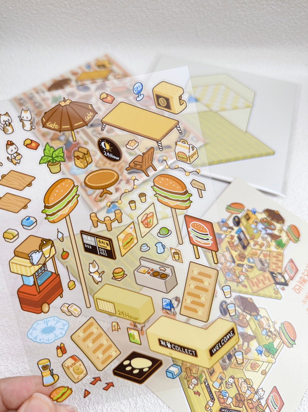 DIY Miniature Sticker Scene,Cat Burger Shop|Ferris Wheel Sushi|Hot Spring|Pizza Shop