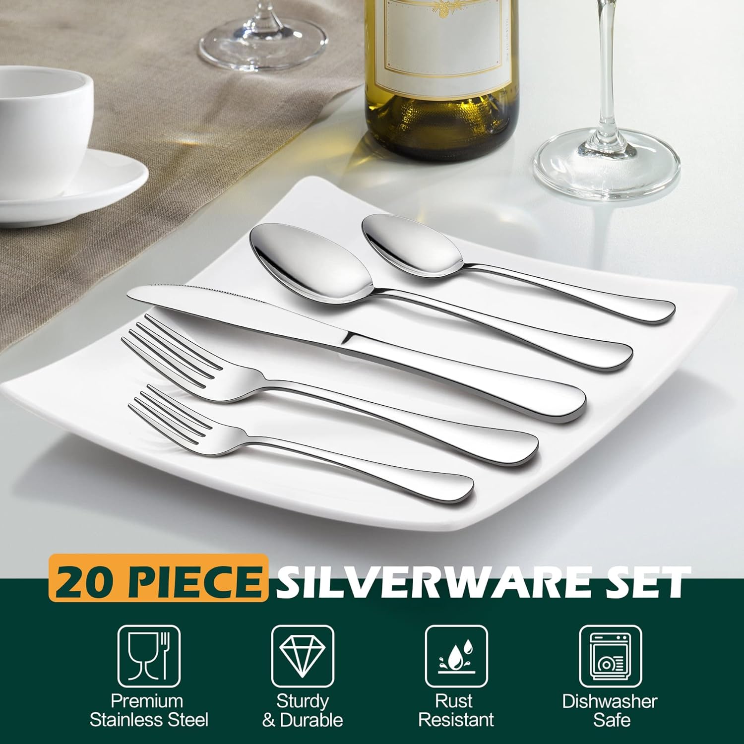 LIANYU 20 Piece Silverware Flatware Cutlery Set, Stainless Steel Utensils Service for 4, Include Knife Fork Spoon, Mirror Polished, Dishwasher Safe