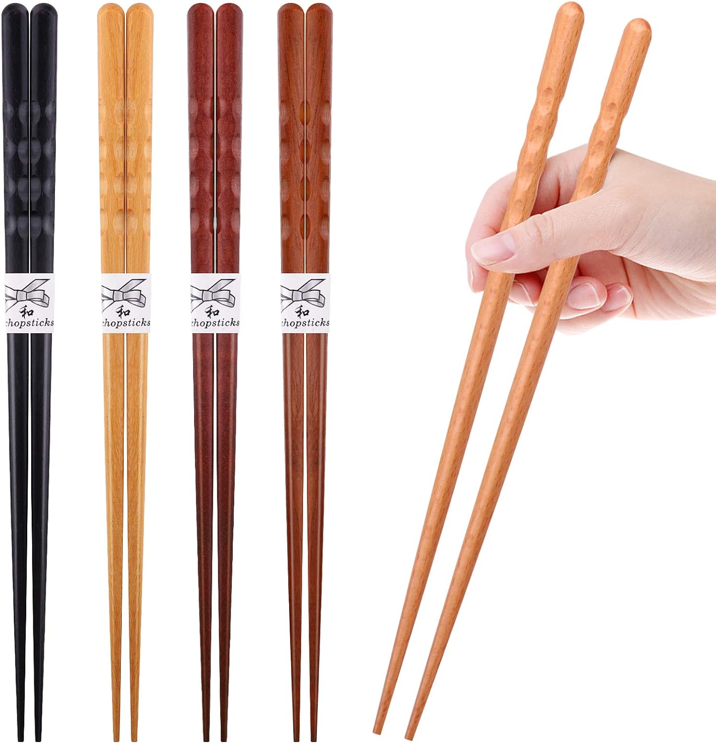 GLAMFIELDS Reusable Chopsticks Japanese Natural Wooden 5 Pairs Classic Style Lightweight Hand-Carved Safe Chop Sticks 8.8 Inch/22.5cm Gift Set