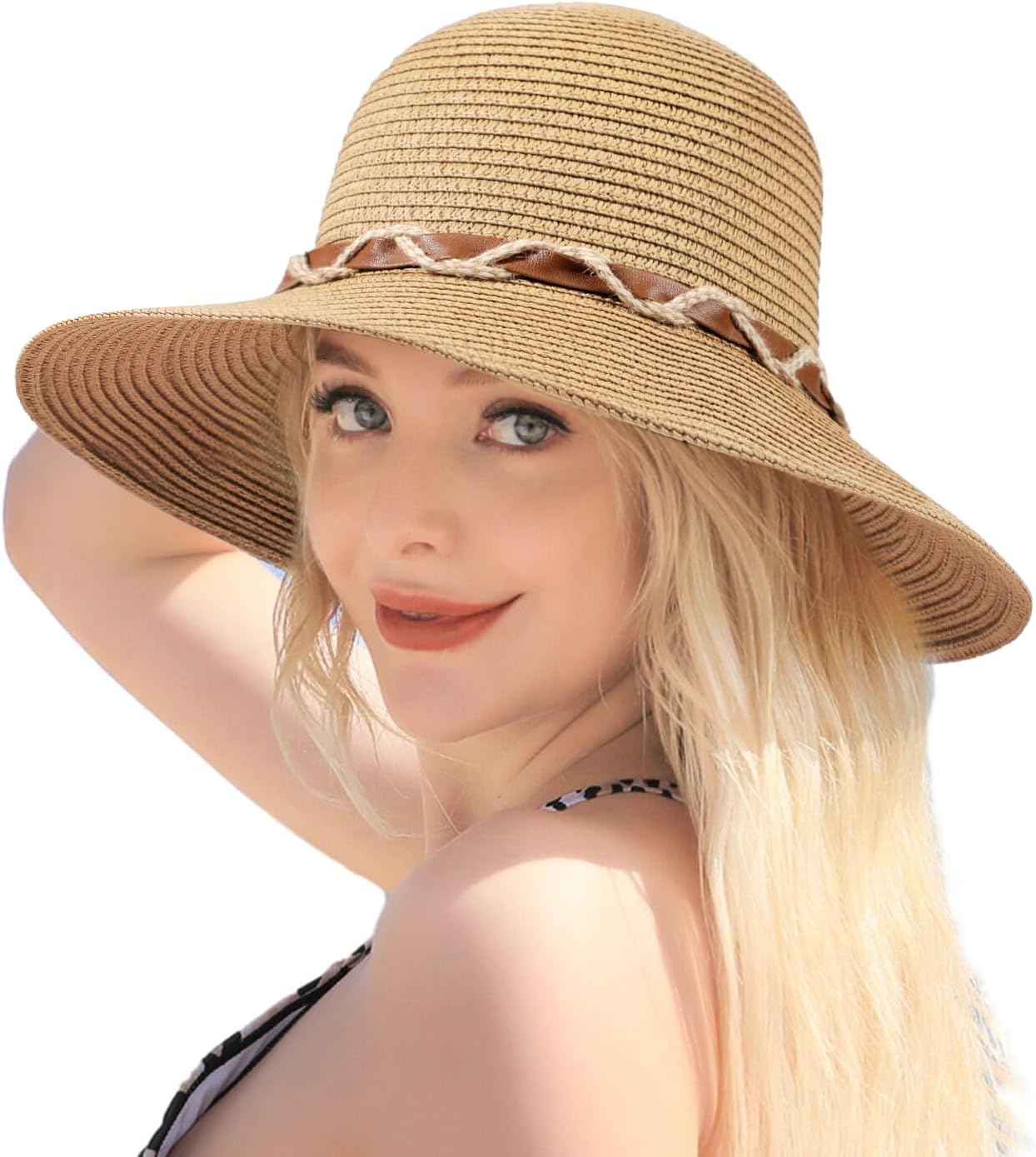 Beach Hat for Women, Wide Brim Sun Straw Hat for Women, Sun Hat Womens UPF 50+ UV Protection, Floppy Foldable Summer Hat