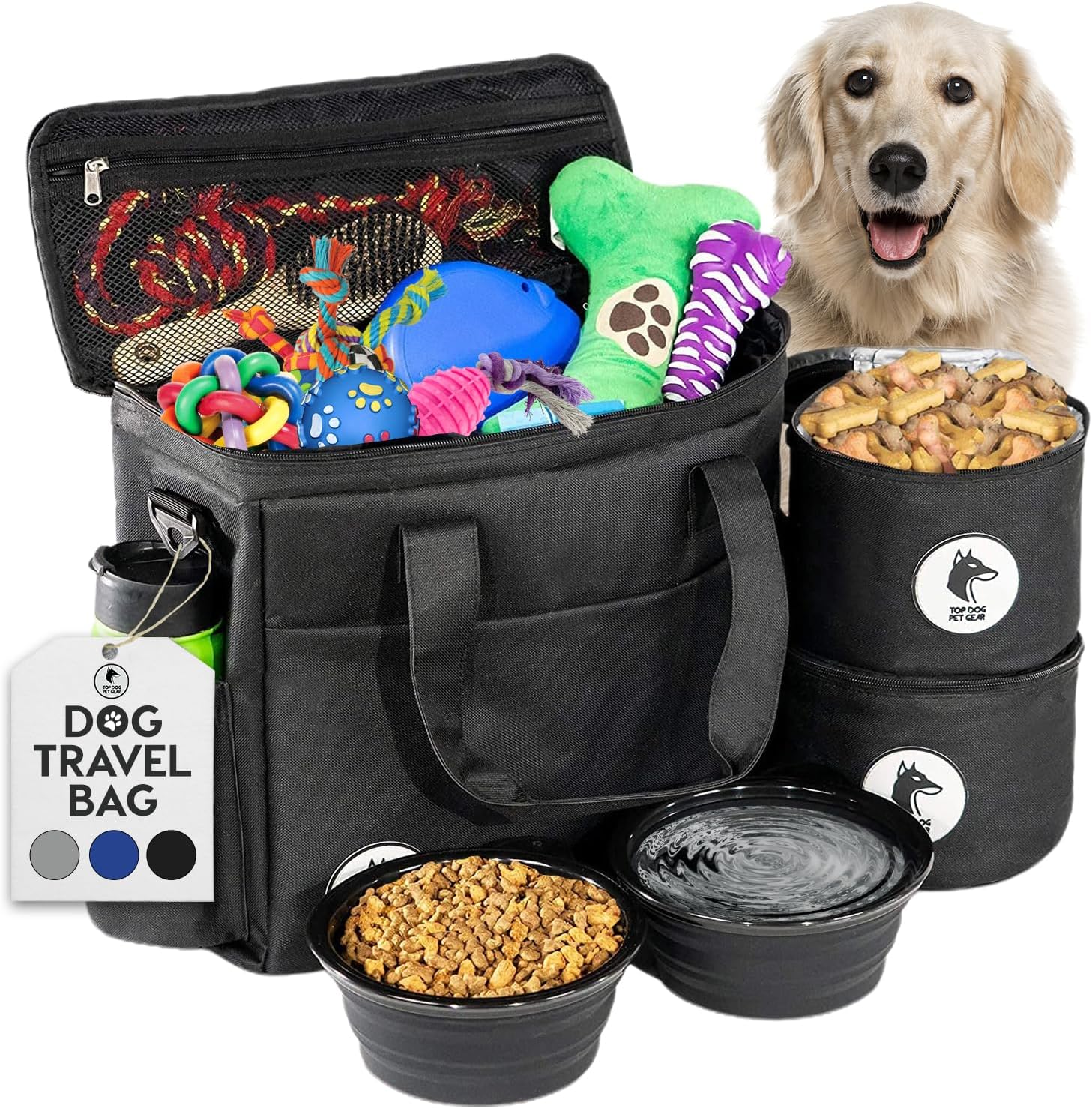 Grey Dog Travel Bag for Supplies - Includes Travel Bag, Travel Dog Bowls, Food Storage - Airline Approved Dog Bags for Traveling - Dog Travel Accessories for Camping, Beach