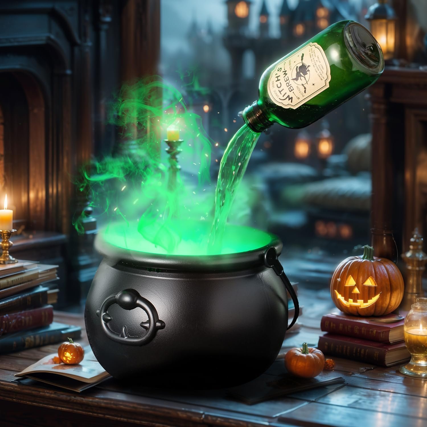 Halloween Witches Cauldron with Magical Floating Potion Bottles and Fog Maker Diffuser
