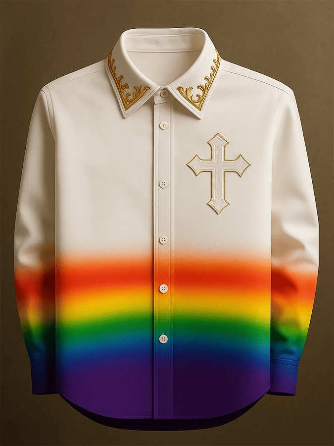 Men's Vintage  Rainbow Art Print Long Sleeve Shirt