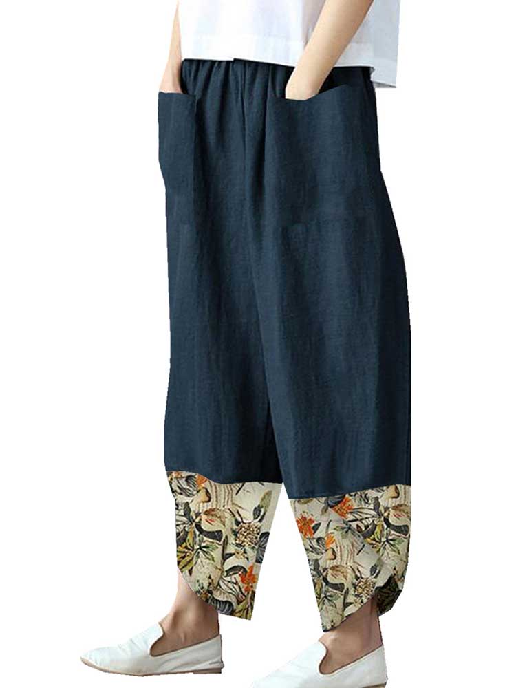 Women Printed Cotton Linen Splicing Irregular Wide-leg Pants