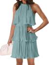 ZESICA Women's 2024 Summer Halter Dresses Sleeveless Ruffle Tiered Layered Chiffon Pleated A Line Swing Mini Dress