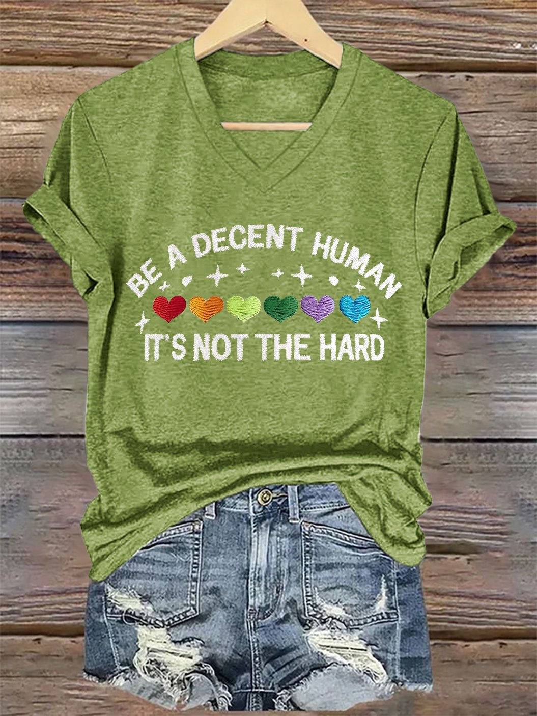V-Neck Retro Be A Decent Human It's Not The Hard Print T-Shirt