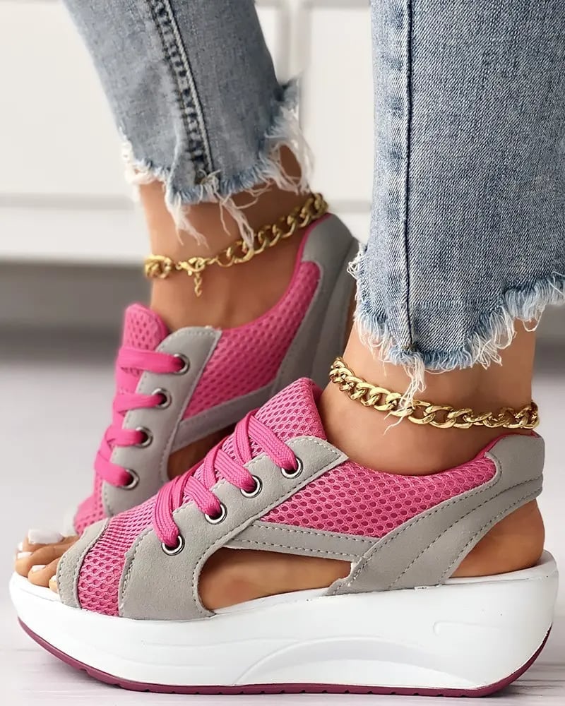 (🎉Last Day Promotion 50% OFF) Contrast Paneled Cutout Lace-up Muffin Sandals - Buy 2 Get Extra 10% OFF & FREE SHIPPING