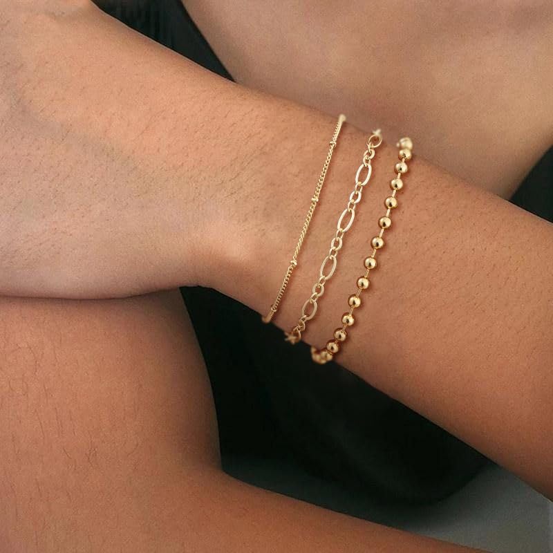 Moodear Gold Bracelet for Women 14K Real Gold Bracelet Sets for Women Dainty Snake Chain Bracelet Adjustable Cuban Link Bracelet for Women Cuff Bangle Gold Stackable Bracelets for Womens Jewelry Sets