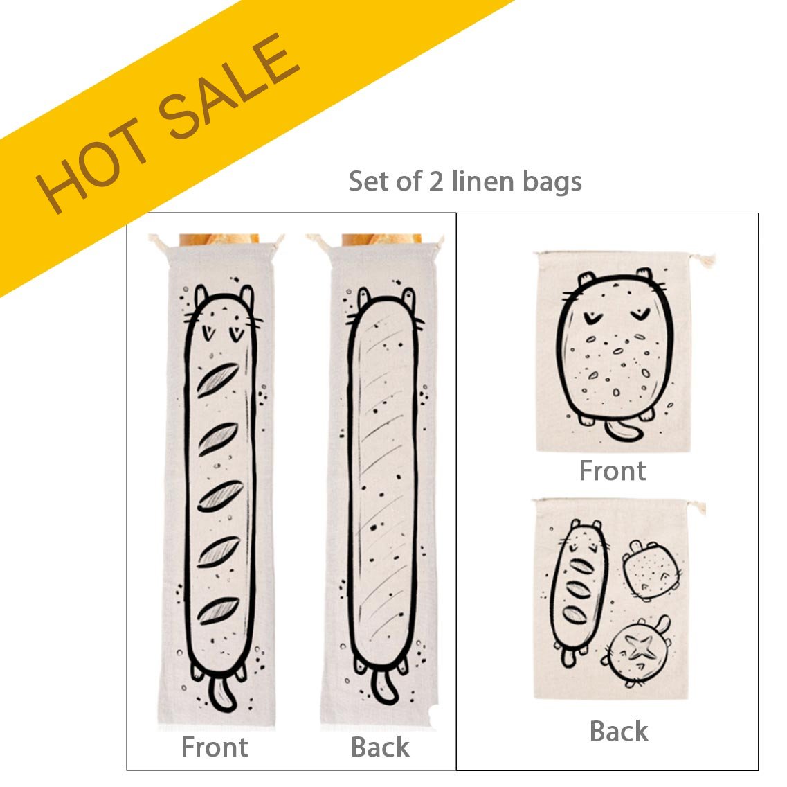 Bread Cats Linen Bag Set (Loaf + Baguette)