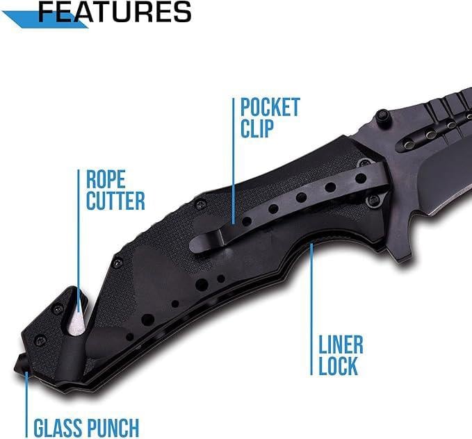 Pocket Knife Full Edge Spear Point Recurve Blade + Glass Breaker & Cord Cutter