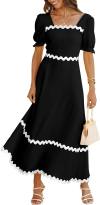 BTFBM Women's 2024 Summer Square Neck Short Puff Sleeve Dress Casual RIC Rac Tie Back Smocked A Line Flowy Maxi Dresses