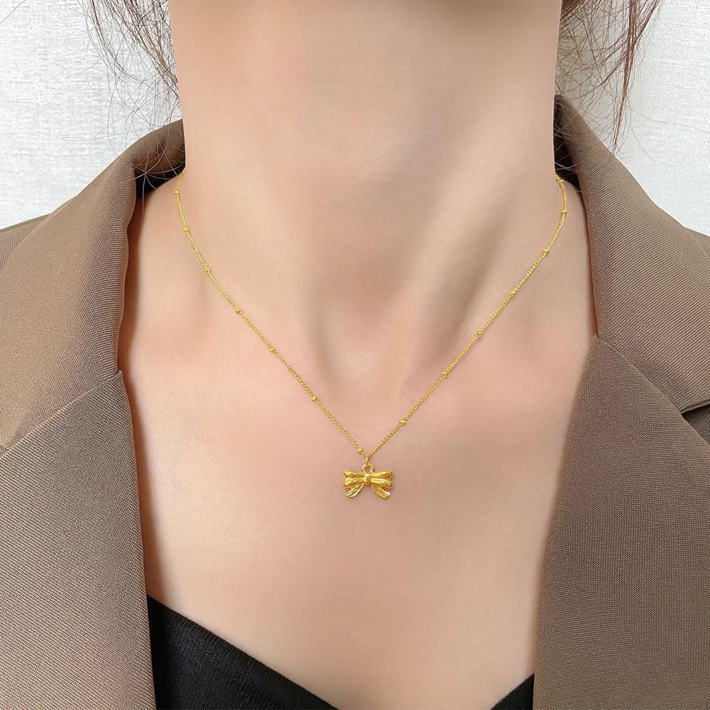 SUNNYOUTH Bow Necklace for Women Girls Bowknot Choker Necklace 14K Gold Plated Ribbon Choker Necklaces Fashion Jewelry Gifts