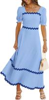 BTFBM Women's 2024 Summer Square Neck Short Puff Sleeve Dress Casual RIC Rac Tie Back Smocked A Line Flowy Maxi Dresses