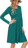 AUSELILY Women's Long Sleeve Pleated Loose Swing Casual Dress with Pockets Knee Length